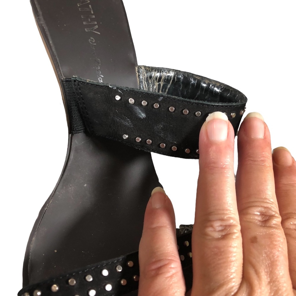 Kathy Van Zeeland Wedges Wooded Studded Black Strappy Sandals Silver Retro 90’s - Picture 8 of 10